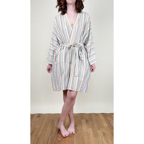Vintage Rainbow Striped Robe Duster Cardigan Light House Coat Jacket PJs Pajamas - Picture 4 of 10